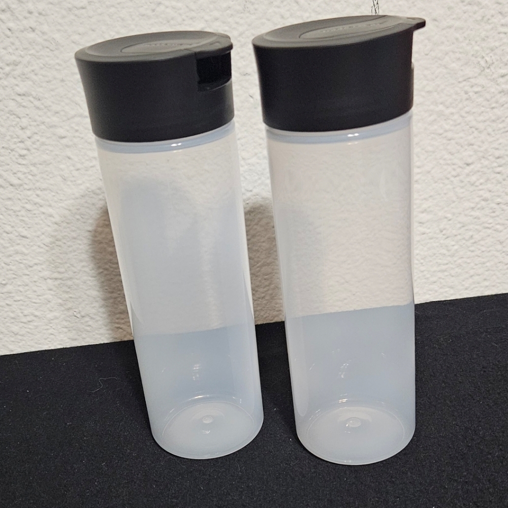Set of Two Clear Bottles with Black Lids